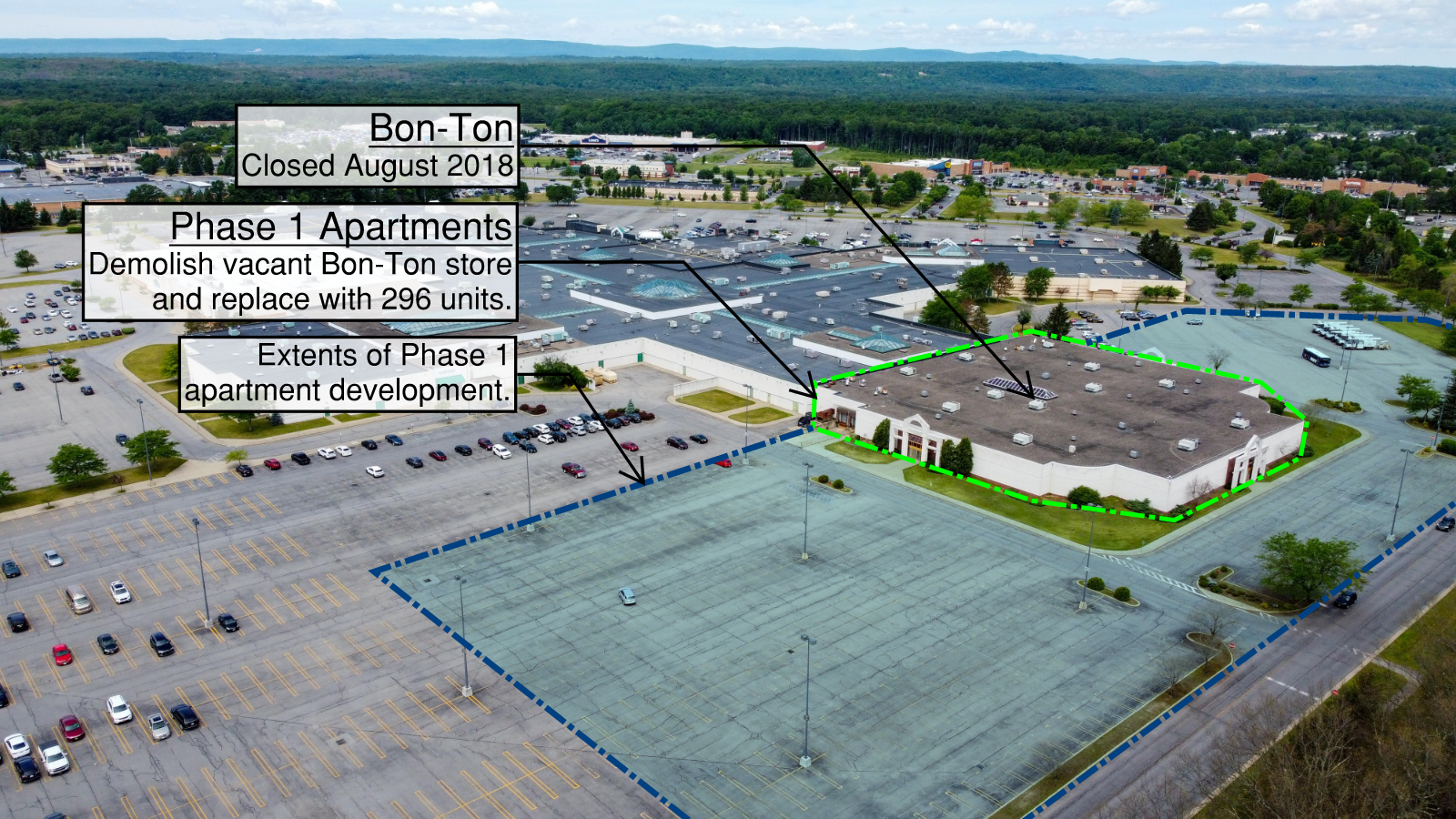 Wilton Mall overhead view with notes on construction plan